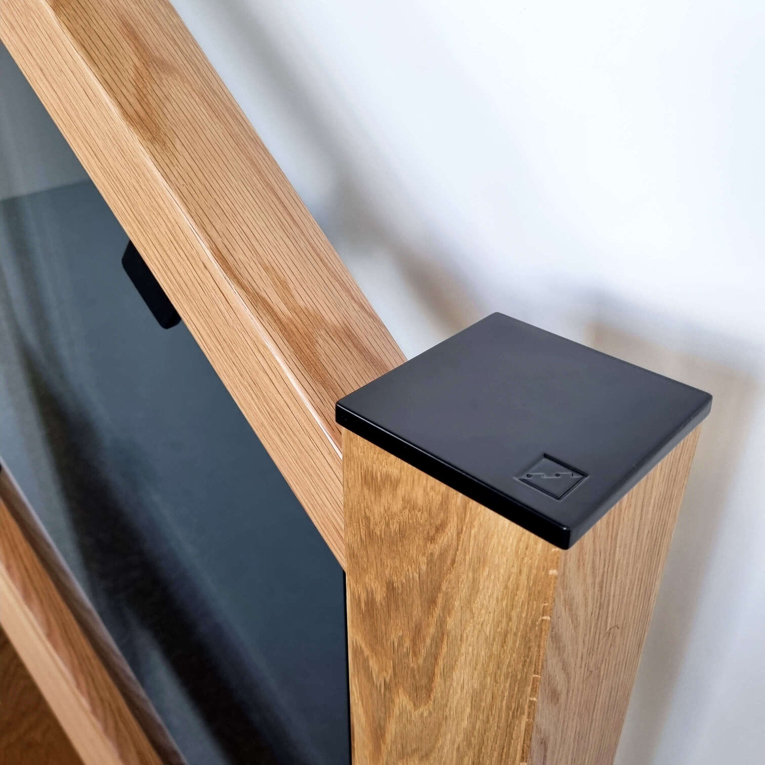 black metal newel caps with smoked glass